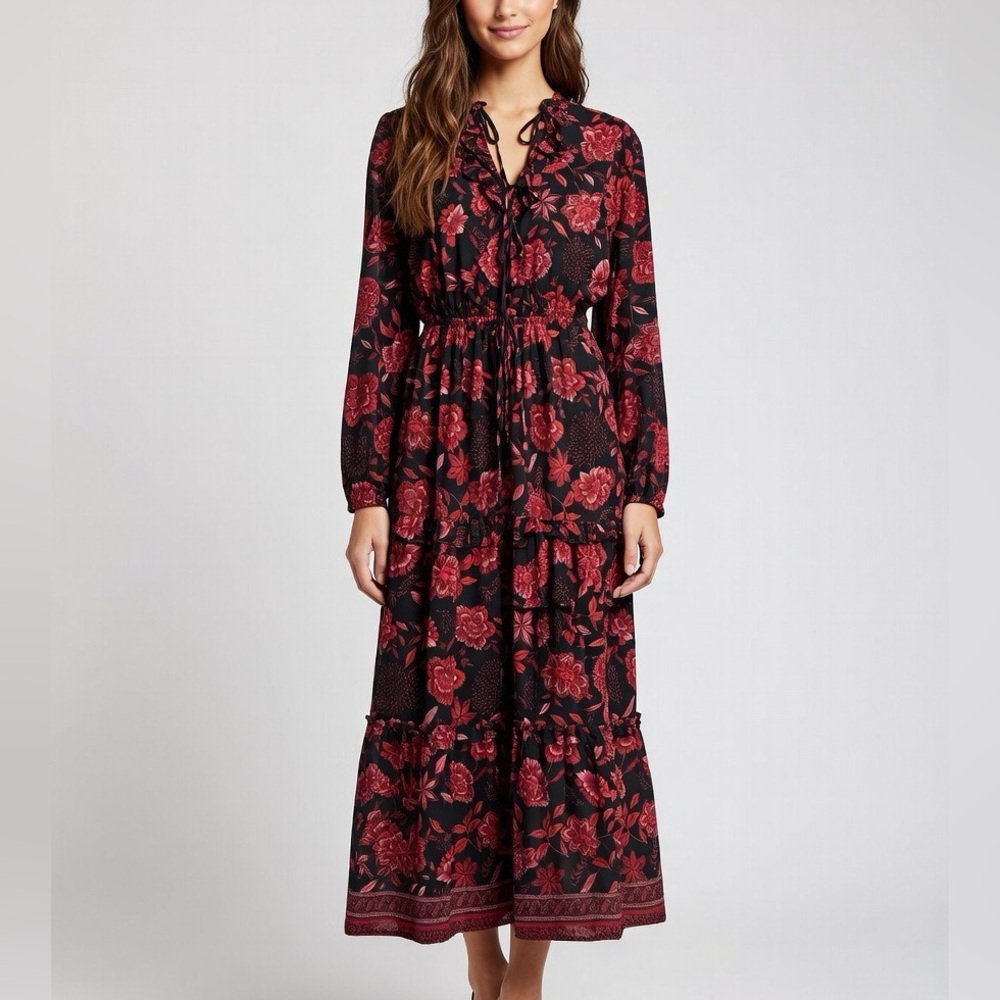 Boemo Anthropologie Long Sleeve Tiered A Line Maxi Dress Floral Peasant Small